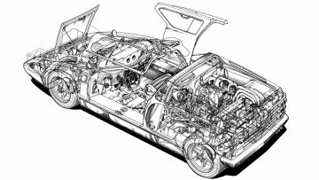 Röntgenzeichnung des Mercedes-Benz Experimentalfahrzeugs C 111 in seiner ersten Ausführung. Der Kastenrahmen und die als Überrollbügel ausgebildete, hintere Trennwandumrahmung sind gut zu erkennen.X-ray drawing of the Mercedes-Benz C 111 experimental vehicle in its first version. The box-section frame and the rear bulkhead surround, designed to serve as a roll-over bar, are clearly visible.