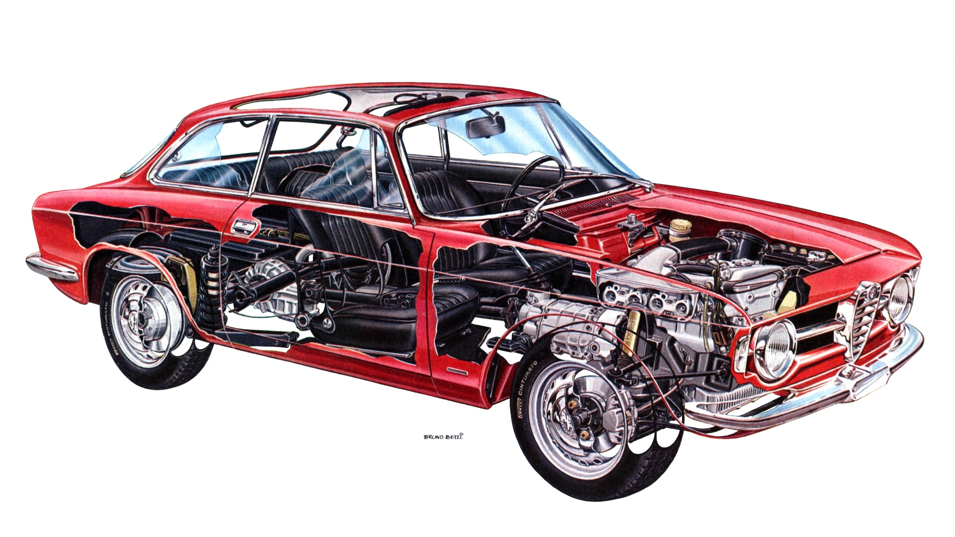 Il disegno in trasparenze mostra la parentela con la Giulia berlina, dalla quale la versione coupé eredita la base meccanica con motore anteriore e trazione posteriore Il disegno in trasparenze mostra la parentela con la Giulia berlina, dalla quale la versione coupé eredita la base meccanica con motore anteriore e trazione posteriore