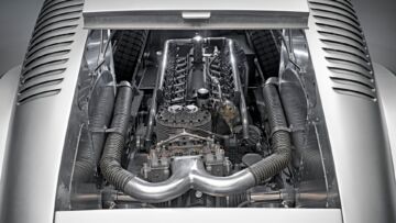 Imagined over 90 years ago, now brought to life: Audi Tradition presents the Auto Union Type 52 Schnellsportwagen at the Goodwood Festival of Speed 2024. Close-up: the 16-cylinder engine. Imagined over 90 years ago, now brought to life: Audi Tradition presents the Auto Union Type 52 Schnellsportwagen at the Goodwood Festival of Speed 2024. Close-up: the 16-cylinder engine.