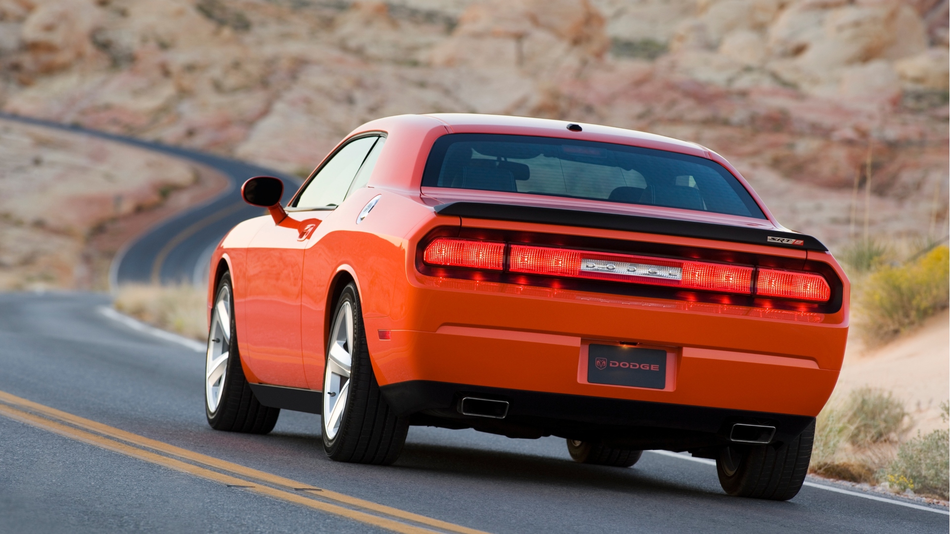 Rear 7/8 view, 2008 Dodge Challenger SRT8 HEMI Orange