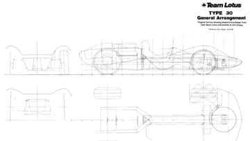 Un disegno della Lotus 30. Si noti la posizione di guida praticamente sdraiata del pilota Un disegno della Lotus 30. Si noti la posizione di guida praticamente sdraiata del pilota
